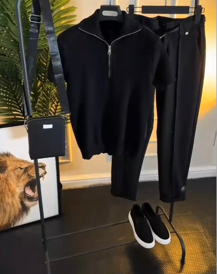 Premium Men’s Black Outfit Set | طقم رجالي كامل Black Polo + Slim-Fit Pants + Slip-On Shoes + Crossbody Bag